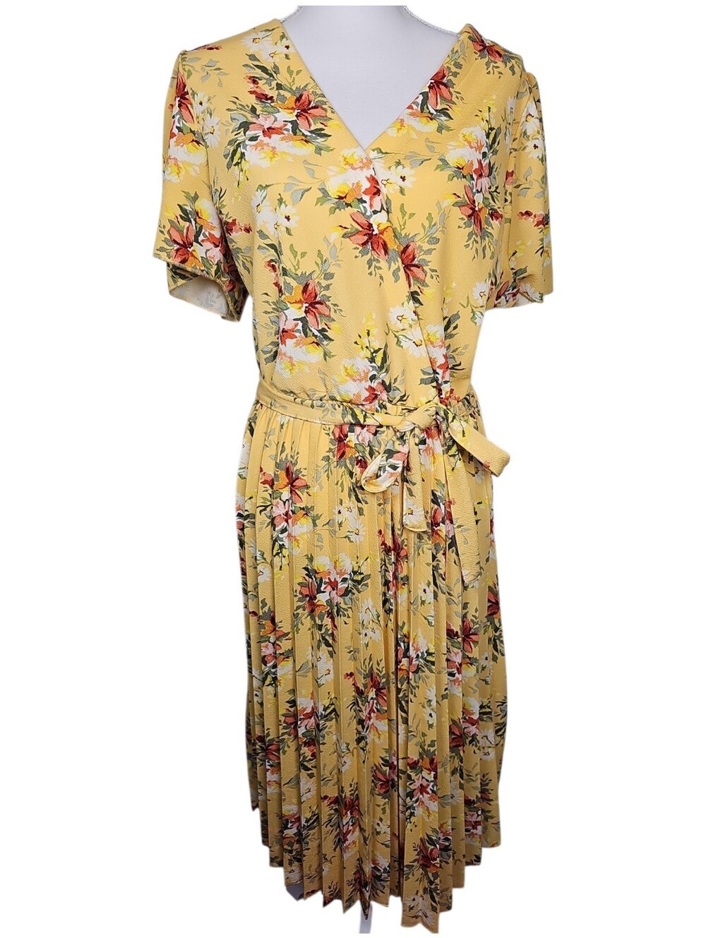 Lark+Grey Yellow Floral Midi Wrap-Style V-neck Pleated Skirt Dress Women Size XL